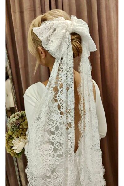 VENÜS MODA by Pınar Lace Bow Wedding Hairpin Off-White Bow Veil with Comb Cli...