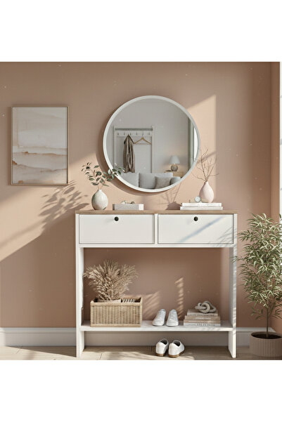 Robin Home Alaska Aynalı Dresuar Kapaklı Antre Hol Ahşap Ayaklı Sepet-Beyaz