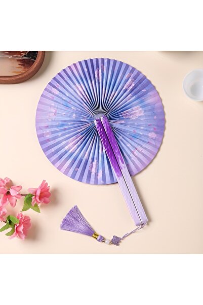 Choice1 مروحة ورقية صينية قابلة للطي مزينة بشرابات، لون بنفسجي - تصميم زهري ت...