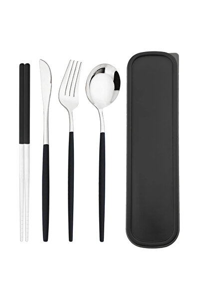 choice2 black silver 4pcs Black Silver Portable Cutlery Set Stainless Steel C...