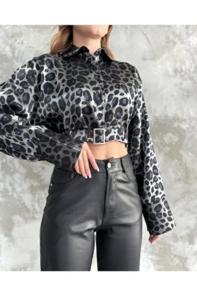 PHUDRA LİNE Siyah Gri Leopar Desen Saten Kadın Gömlek (ÜRÜN TEK GÖMLEKTİR, PA...