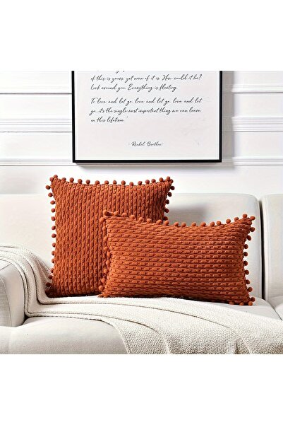 choice2 غطاء وسادة برتقالي اللون، مقاس 50×50 سم، قطعة واحدة، مزين بكرات بوم ب...