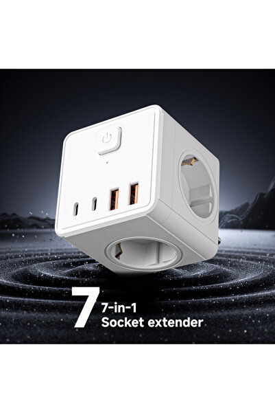 Choice1 EU Plug white 7-in-1 square power strip with 3 AC sockets, 2 USB port...