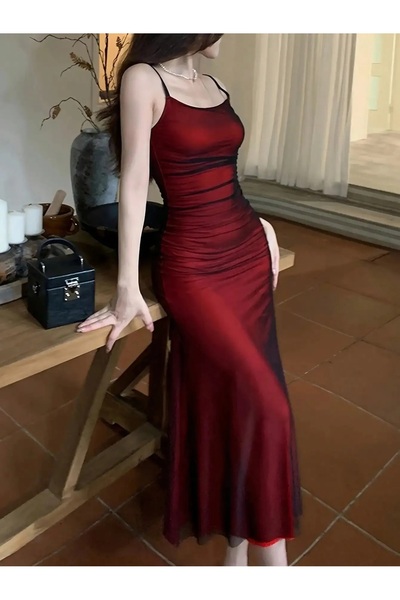 Köstebek Gothic Bordo Askılı Dantelli Uzun Elbise