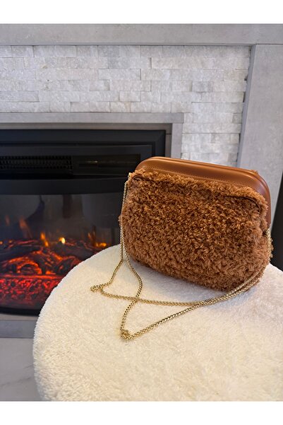 sinmm Women's Teddy Plush Handmade Shoulder Bag in Brown Color with Leather D...