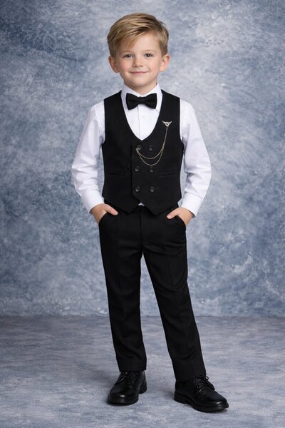 Tarz Çocuk Erkek Çocuk Siyah Yelekli Takım Elbise – Papyonlu 3’lü Şık Damatlı...