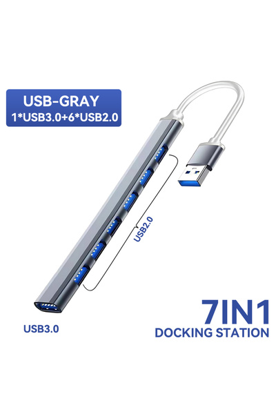 Choice7 موزع USB رمادي اللون بسبعة منافذ، يدعم USB 3.0 و USB 2.0 و USB-C، موز...