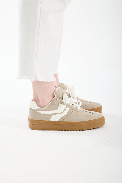 Runnix Shoes Luvin Beige Women's Sneaker Lace-Up Sports Shoes Casual High Non...