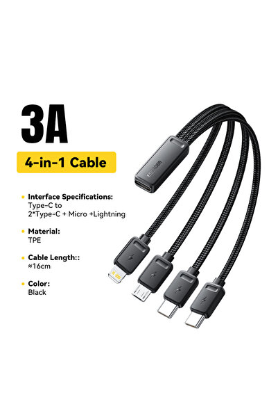 Choice كابل شحن سريع ESSAGER أسود 4 في 1 للسفر، من النوع C أنثى إلى منافذ USB...