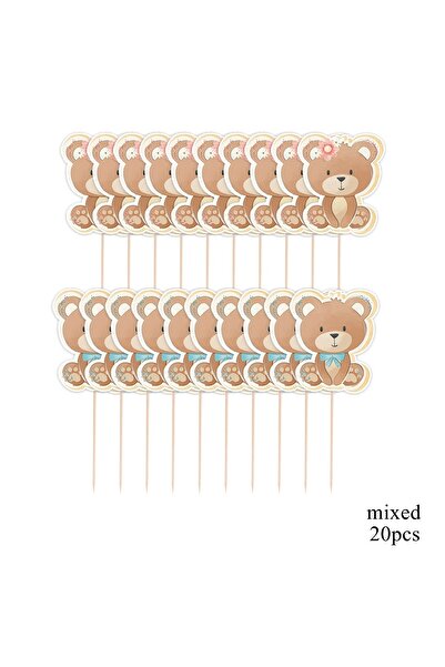 Choice3 ٢٠ قطعة متنوعة من زينة كب كيك على شكل دببة كرتونية، لون أزرق ووردي، م...