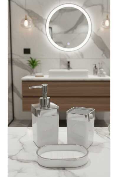 sitil eviniz Banyo Seti, 3 Parça Krom Sabunluk Fırçalık ve Sıvı Sabunluk Takımı