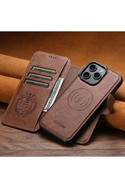 Choice62 جلد بنية اللون من البولي يوريثان، حامل بطاقات وشحن لاسلكي، وغطاء مغن...