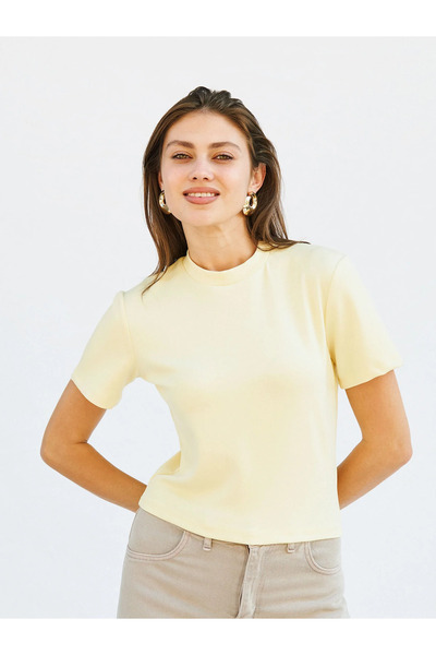 Caddebostan Moda Yellow Crew Neck Crop T-Shirt Modern Premium Luxury Trend De...