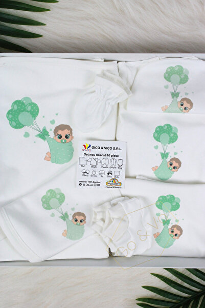 GoVo Kids Set 10 piese pentru nou-nascuti, Bebelus cu baloane, Bumbac - Set c...