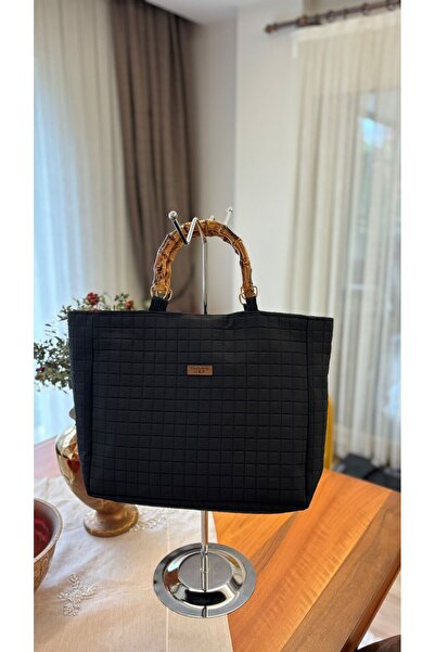 Handmade By MBK Kapitone kumaştan bambu saplı el çantası