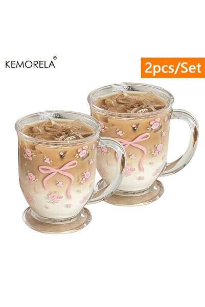 Choice1 301-400 مل قطعتان كيموريلا نصف قطعة كوب زجاجي بنقشة زهور وورود وفيونك...