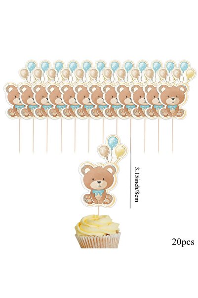 choice2 ٢٠ بالونًا أزرق، ٢٠ قطعة زينة كب كيك على شكل دب كرتوني، زينة زرقاء وو...