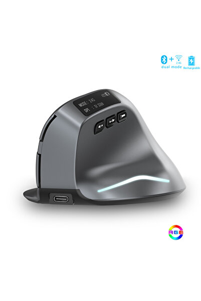 Choice ماوس لاسلكي عمودي رمادي اللون بتقنية بلوتوث وشاشة OLED، قابل لإعادة ال...