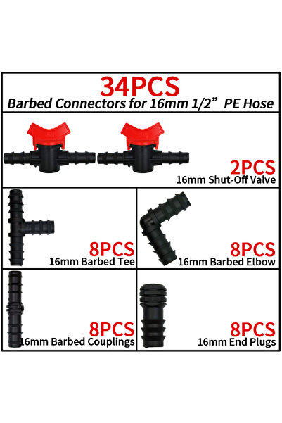 Choice 34Pcs 34Pcs 1/2" Drip Irrigation Fittings Kit Straight Tee Elbow Plug ...