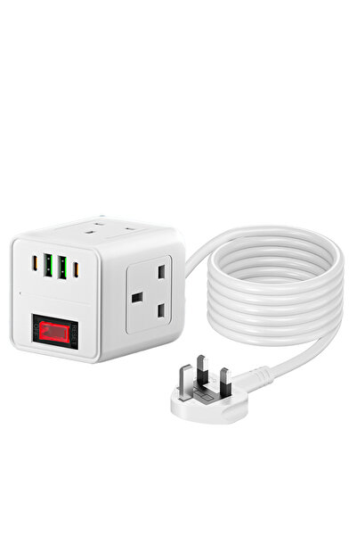 Choice UK Plug White Pulg 2500W 7-in-1 UK Power Strip, Power Strip 3 AC Outle...