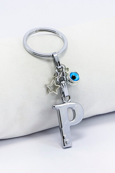 biuti حلقة مفاتيح معدنية على شكل حرف P مزينة بخرز على شكل نجمة باللون الفضي /...