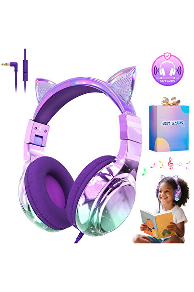 Choice سماعات رأس سلكية للأطفال بأسلاك أذني قطة بنفسجية وأذني قطة وحيد القرن ...