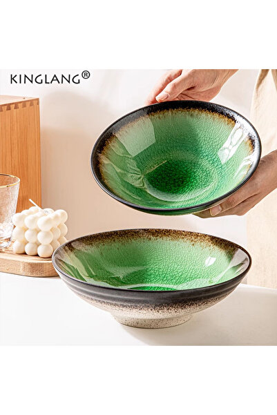 Choice وعاءان أخضران، نصف وعاء سلطة سيراميكي على الطراز الياباني بنقشة متشققة...