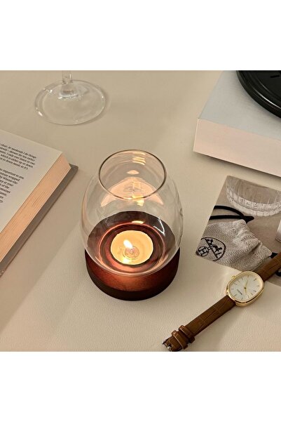 choice2 1 شمعدان زجاجي شفاف مجوف مقاوم للرياح ، حامل شموع دائري بقاعدة خشبية ...