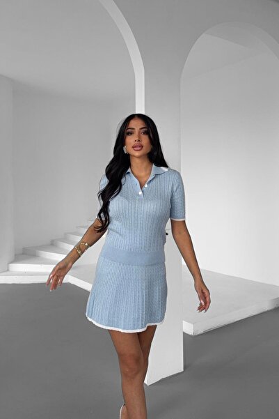 Auroveen Polo Collar Half Placket Buttoned Knitwear Blouse Mini Skirt Bottom-...