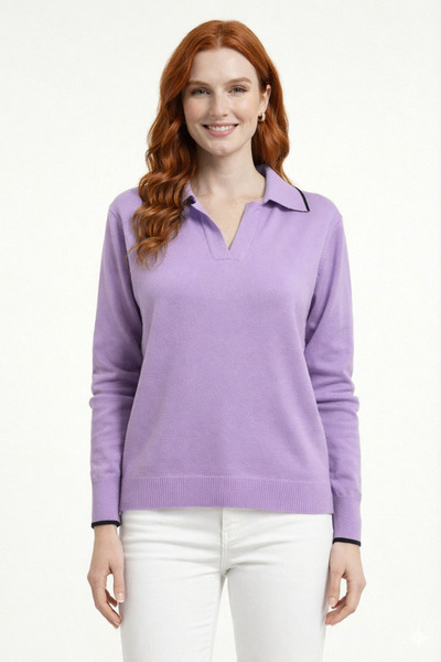 Neden Tekstil Polo Collar Stripe Detailed V-Neck Knitwear Sweater