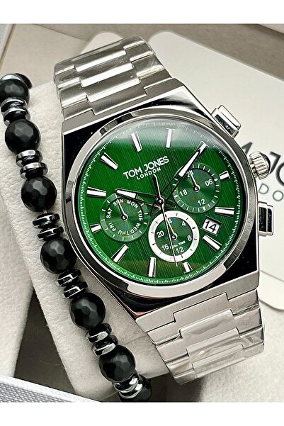 Tom Jones Erkek Kol Saati Gümüş Renk Çelik Kordon Takvimli 5 Atm Su Geçirmez-...