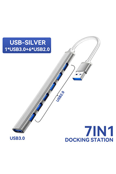 Choice6 7 Ports USB Silver USB 3.0 HUB USB 2.0 HUB USB C HUB Type C HUB Multi...