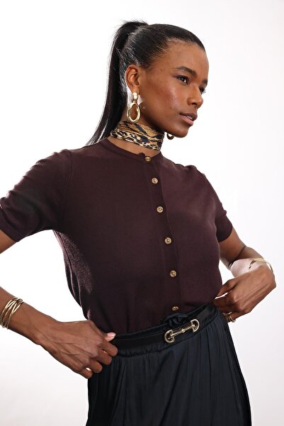 5in1Canpolat Brown Short Sleeve Knitwear Cardigan