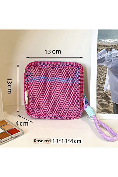 Choice3 حقيبة مكياج شبكية كبيرة السعة باللون الأحمر الوردي، مصنوعة من قماش دو...