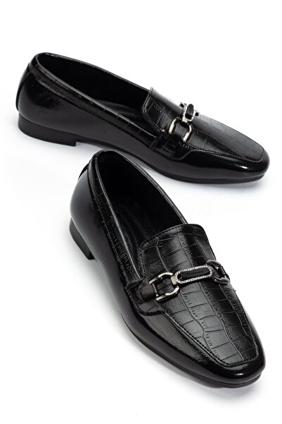 Delroshine RİSSA Kadın Siyah Crocodile Parlak Cilt Tokalı Babet