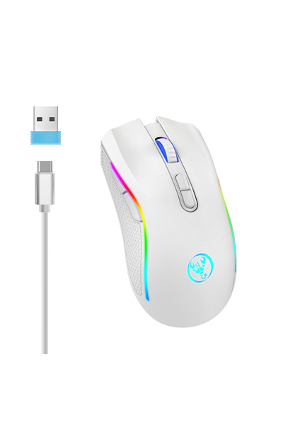 Choice1 WHITE Rechargeable 2.4G Wireless RGB Gaming Mouse Ergonomic Gaming Ba...