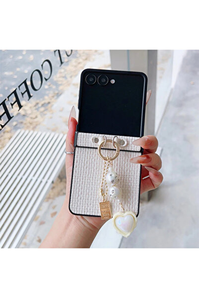 Choice غلاف هاتف هاتف Galaxy Z Flip5 أبيض اللون مصنوع من جلد المنسوج، بتصميم ...