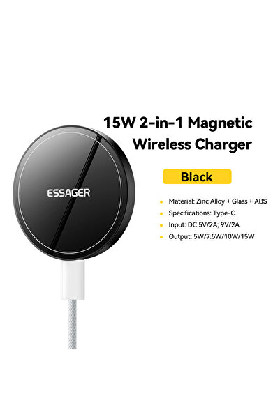 Choice شاحن إيساجر الأسود 2 في 1 مغناطيسي لاسلكي بقوة 15 واط مع حامل، شحن سري...