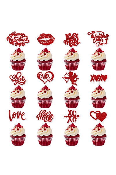 Choice 12 قطعة من زينة الكيك على شكل قلب أحمر مكتوب عليها "أحبك XOXO" - مناسب...