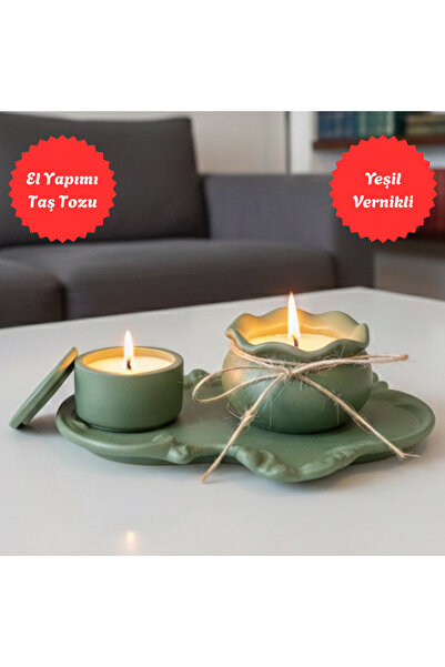 Nigistore 3 Parça Yeşil Avangard Dekoratif Set - Dantel Tepsi, Bohça Mum Hedi...