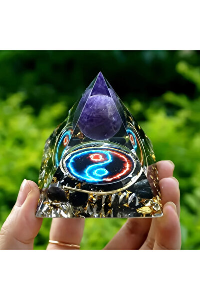 Choice كرة واحدة من الجمشت على شكل يين يانغ مع هرم أورغون من حجر الأوبسيديان،...