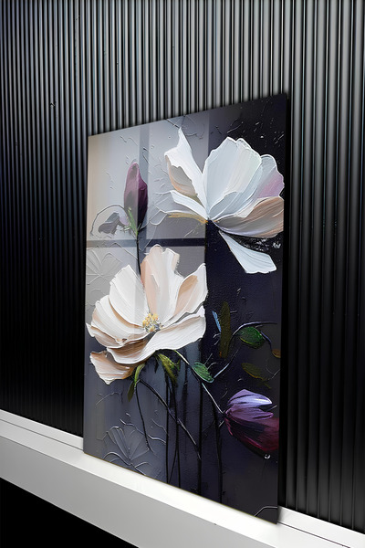 kutuTR Yağlı Boya Dokulu Beyaz ve Mor Çiçekli Temperli Cam Tablo 50x70 Cm 2D ...