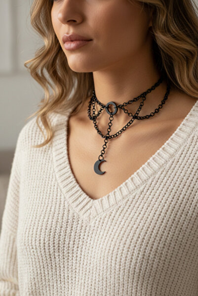 shop Black Steel Chain Layered Moon Figured Choker - Gothic Crescent Detailed...