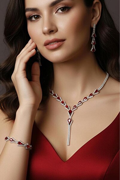 Valmont Kırmızı Damla Taşlı Taşlı 3’lü Kolye, Küpe ve Bileklik Seti - Düğün, ...