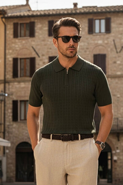 Maccali Men's Trendy Striped Khaki Polo Collar Knitwear T-Shirt