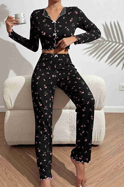 Bleu Petite Set de pijamale de damă din bumbac cu detalii cu model