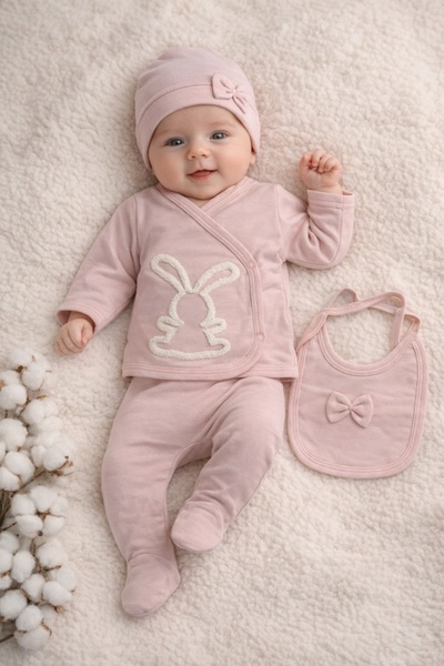 Pure Boutique Set bebe 5 piese lila iepuras bumbac 0-3 luni body pantaloni ca...