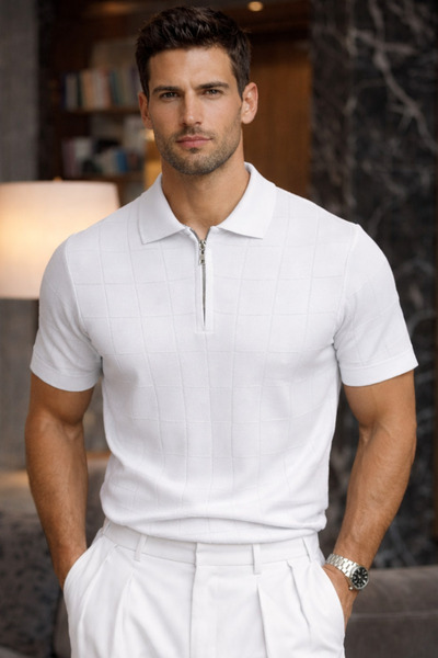 Maccali Men's Striped Premium White Knitwear Polo Neck T-Shirt