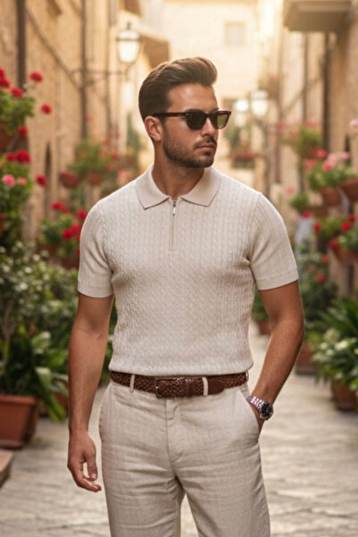 Maccali Men's Trendy Striped Cream Polo Collar Knitwear T-Shirt