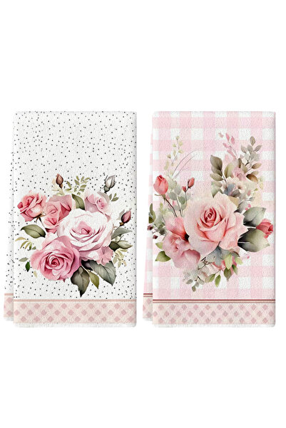 Choice 2pcs WHITE 2Pcs, Vintage Pink Rose Print Kitchen Towels, 40Cm*60Cm Tow...